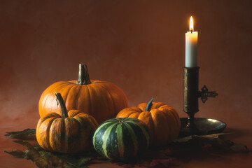 Pumpkins with lit candle