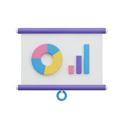 3d pie chart and bar graph on a presentation screen isolated on transparent background
