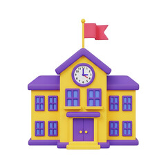 3d cartoon school building with clock and flag isolated on transparent background