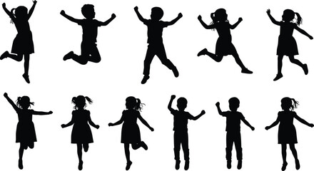 Children silhouettes jumping, boys and girls celebrating, joyful kids in motion, playful childhood energy, active lifestyle, fun group activity, dynamic happiness illustration