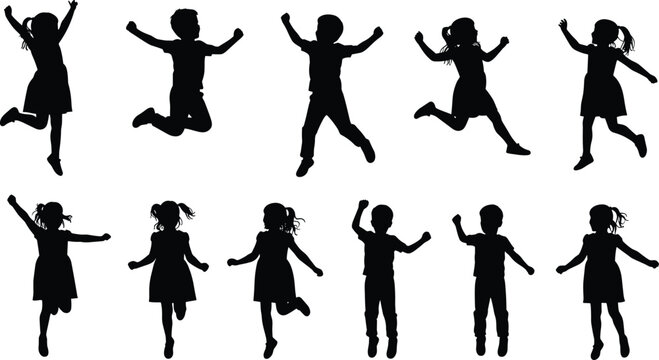 Children silhouettes jumping, boys and girls celebrating, joyful kids in motion, playful childhood energy, active lifestyle, fun group activity, dynamic happiness illustration