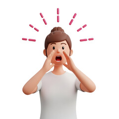 3d cartoon woman shouting with hands cupped around mouth, isolated on transparent background