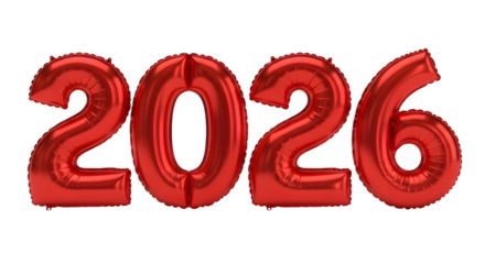 Shiny red metallic foil balloons spelling out the year 2026 isolated on transparent background
