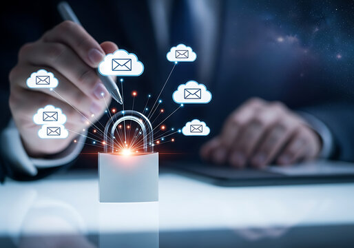 Businessman using pen pointing to padlock with cloud email icon for data privacy and security concept