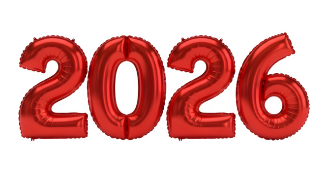 Shiny red metallic foil balloons spelling out the year 2026 isolated on transparent background