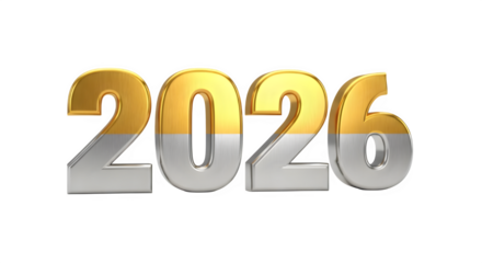 Golden and silver 3d rendered numbers 2026 isolated on transparent background