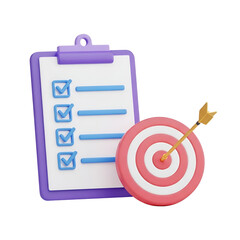 A checklist on a clipboard with a bullseye target and arrow, symbolizing goal achievement, isolated on transparent background