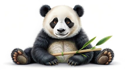 Naklejka premium A Smiling Panda Sitting With Bamboo Isolated On White