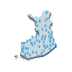 Map of finland with numerous location pins indicating points of interest or distribution, isolated on transparent background