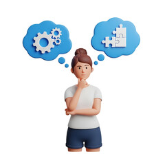 3d cartoon woman thinking about gears and puzzle pieces, isolated on transparent background