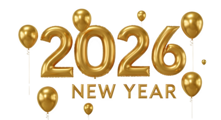 Golden 2026 new year balloons and text isolated on transparent background