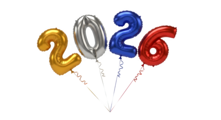 Shiny metallic balloons forming the number 2026 with streamers isolated on transparent background