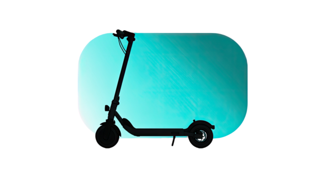 Modern electric kick scooter side silhouette with turquoise light backdrop stylish personal urban micro mobility vehicle isolated on white background