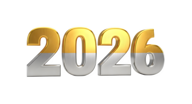 Golden and silver 3d rendered numbers 2026 isolated on transparent background