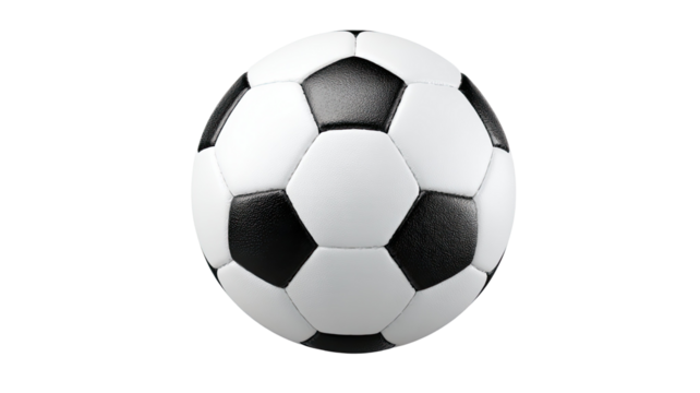 Classic black and white leather soccer football ball for sport game training equipment close up isolated on white background