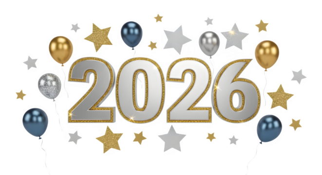 Shiny 3d 2026 numbers with balloons and stars isolated on transparent background