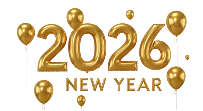 Golden 2026 new year balloons and text isolated on transparent background