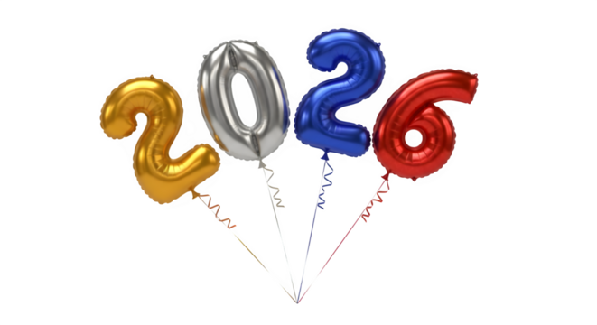 Shiny metallic balloons forming the number 2026 with streamers isolated on transparent background