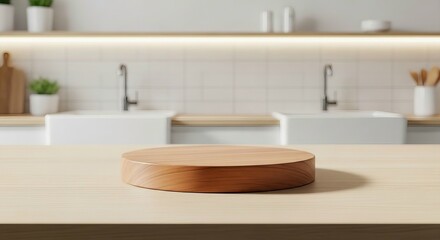 Round wooden podium on a clean kitchen countertop with soft lighting