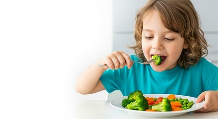 Young boy happily eating healthy vegetables from a plate with a fork
