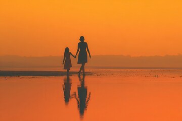 A mother and daughter silhouette hold hands, walking on a reflective beach at sunset. Use this image to portray family, love, togetherness, or happy memories.