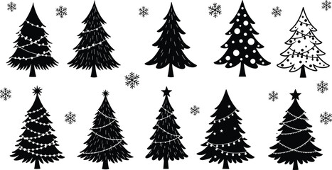 Christmas tree silhouettes, festive holiday decoration, winter season vector set, snowflake ornament design, black and white graphic, minimalist Christmas illustration