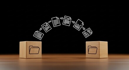 Digital data transfer concept with files moving between wooden blocks