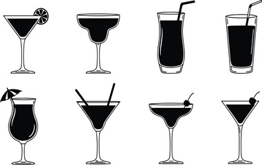 Cocktail glasses icons, martini, coupe, highball, hurricane, mixed drinks, citrus garnish, umbrella decoration, barware collection, alcoholic beverages, party celebration vector set