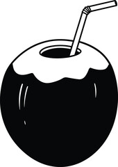 Coconut drink icon, tropical beverage illustration, summer refreshment, exotic fruit with straw, beach vacation symbol, black and white vector design set