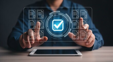 Person interacting with a futuristic digital checklist interface on a tablet