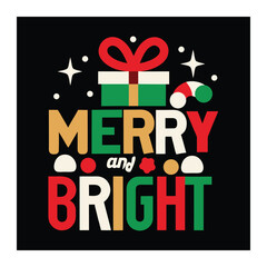 Merry and bright holiday greeting with gift and candy cane

