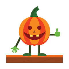 Funny cartoon pumpkin character giving thumbs up and smiling

