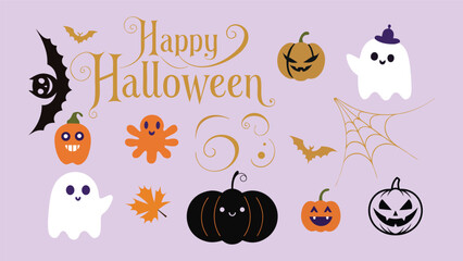 A collection of cute cartoon characters and symbols for Halloween, including smiling pumpkins, friendly ghosts, bats, and a spiderweb, set against a pastel purple background.