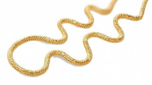 Abstract depiction of a thick textured golden cord forming intricate waves and coils  The material appears metallic and shiny isolated on a pure white studio background