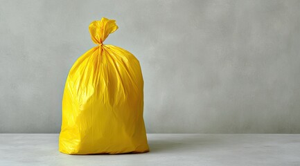 Bright yellow plastic garbage bag on light gray surface