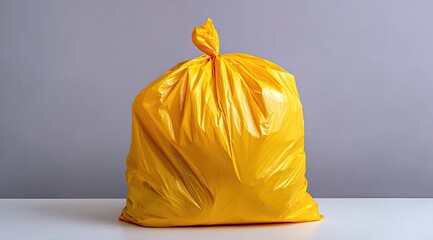 Bright yellow plastic garbage bag filled with trash, sits on a white surface against a gray background