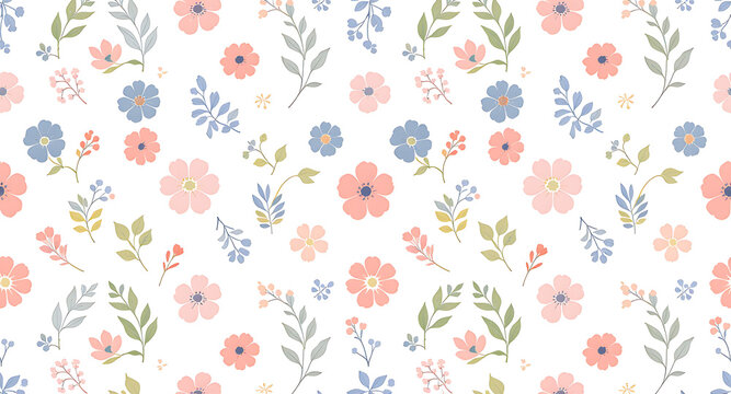 Floral pattern with pink, blue, and green flowers and leaves isolated on white background