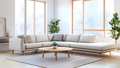 Fototapeta premium Modern living room interior with beige sectional sofa and round coffee table