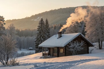 Snow covered cabin with smoke rising in a winter forest
