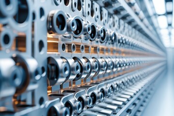 Close-up of a metallic panel showcasing intricate machinery components