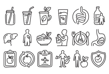 Hand Drawn Healthy Nutrition and Wellness Line Art Icons Set for Diet, Fitness, and Detox Design Concepts
