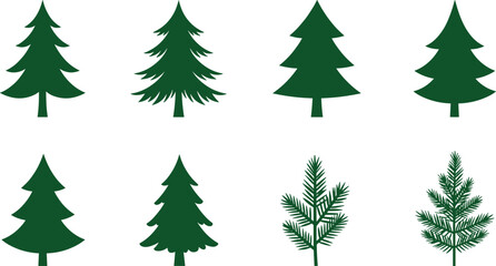 Evergreen trees vector set, stylized conifer illustrations, pine and fir tree collection, green forest design elements, natural woodland vector art for decoration