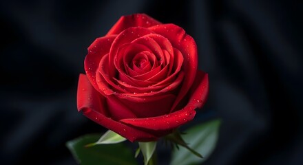 Close up of a vibrant red rose with water droplets against a dark and blurred background image detail