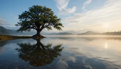 Poster Reflectie Lakeshore at golden hour with solitary oak silhouette reflected in glassy still water  © ElMosamem
