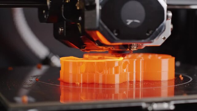 Close-up of 3D printer creating an orange object layer by layer.