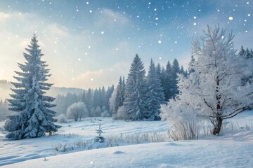 Snow falling over a pine forest in a winter daylight scene