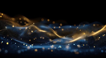Abstract digital landscape of shimmering, wavy particles in dark blue and gold