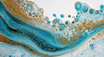 Abstract fluid art with teal, gold, and white