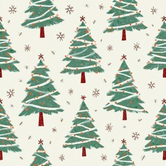 Festive seamless christmas pattern with green decorated tree and red snowflake for joyful holiday background