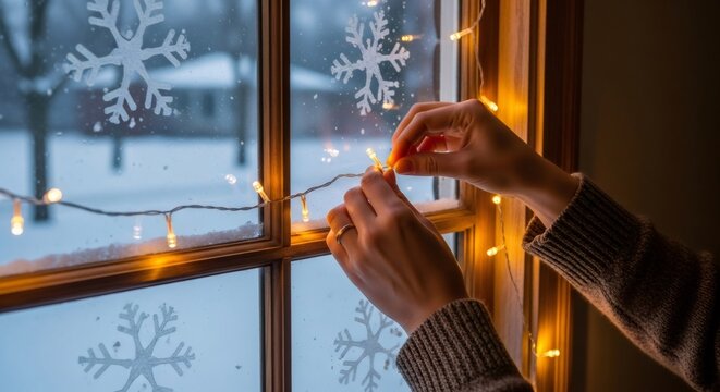 Woman hanging Christmas light on window sill with snowflake decoration and snowy view outside for winter holiday celebration.